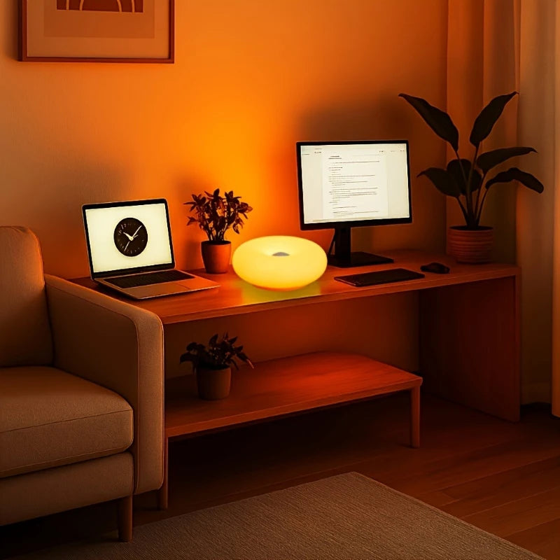 US Patented Retro-Modern Donut Lamp, Creative Orange RGB Ambient Light, Mid Century Modern Wall & Table Lamp for Living Room Decor